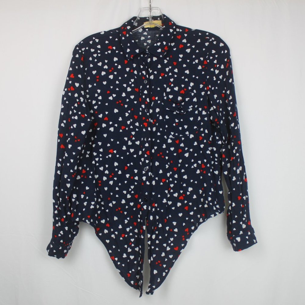 Love Notes Dark Blue Long Sleeve All Over Mini Hearts Tie Front Button Up Shirt